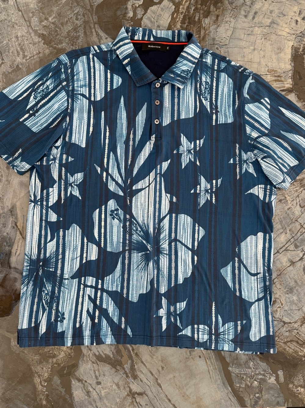 Bugatchi Navy and White Tropical-Print Polo